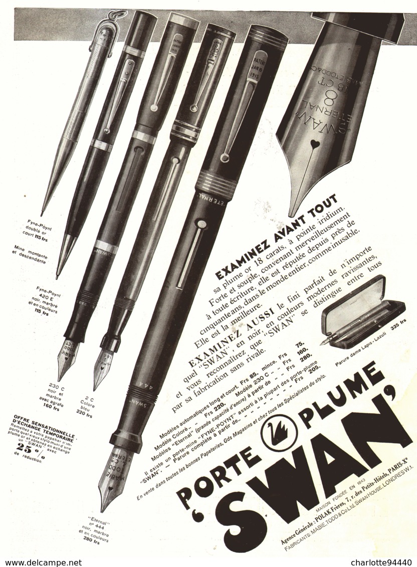 PUB  STYLO PLUME " SWAN " 1930 ( 4 ) - Other & Unclassified