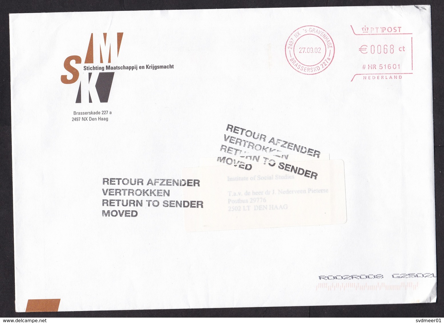 Netherlands: Cover, 2002, Meter Cancel, Cancel Returned, Retour, Moved (traces Of Use) - Covers & Documents