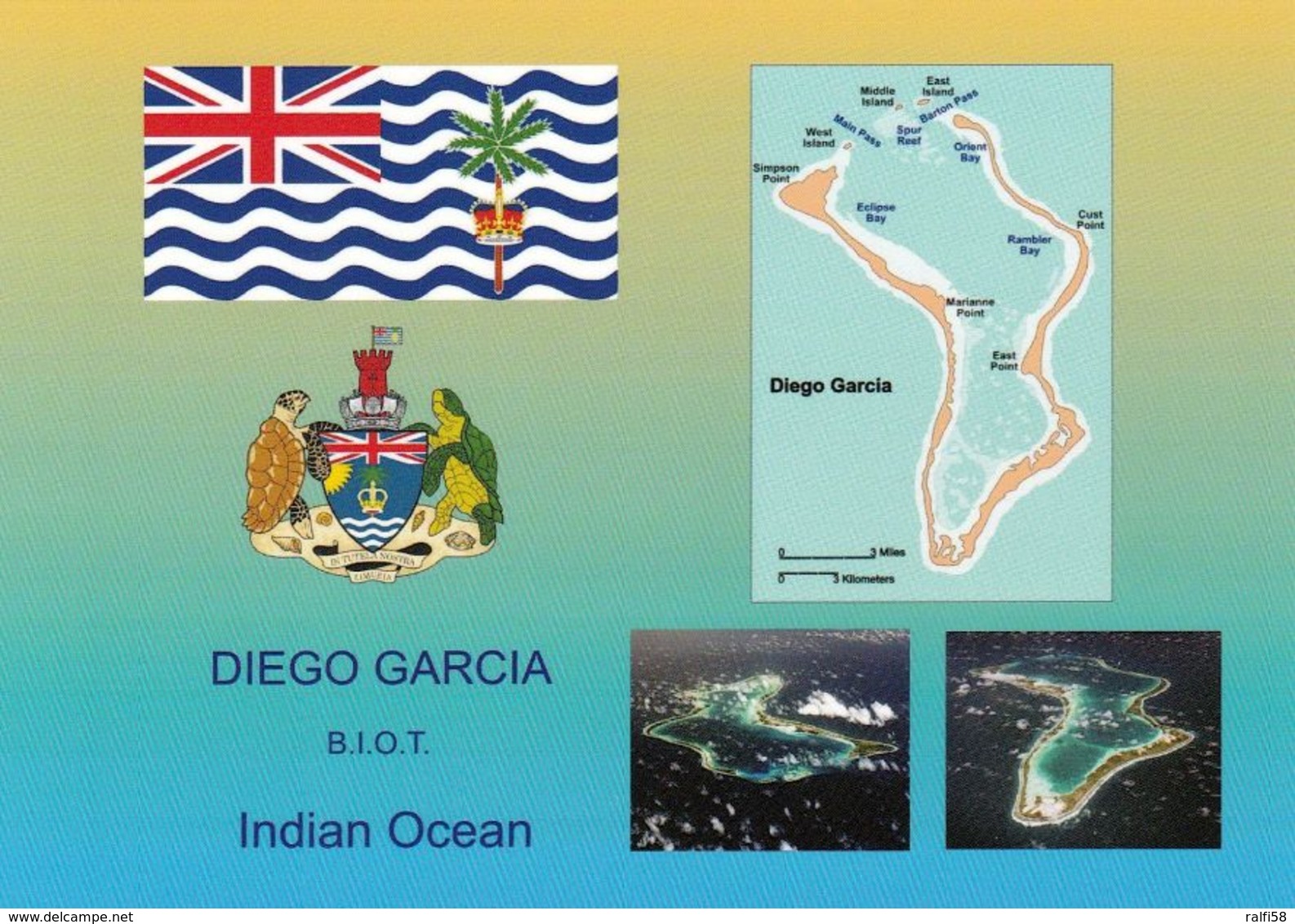 1 AK Diego Garcia - Atoll Im Chagos-Archipel * Flagge - Landkarte - Wappen Und 2 Ansichten - B.I.O.T. Indian Ocean * - Sonstige & Ohne Zuordnung