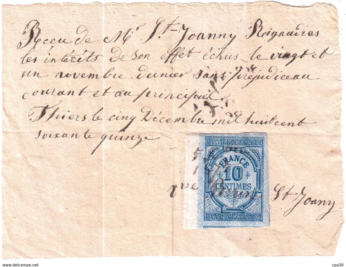 TIMBRE QUITTANCES RECUS.10 Centimes SUR RECU DATANT DE 1875 - 1871-1875 Cérès