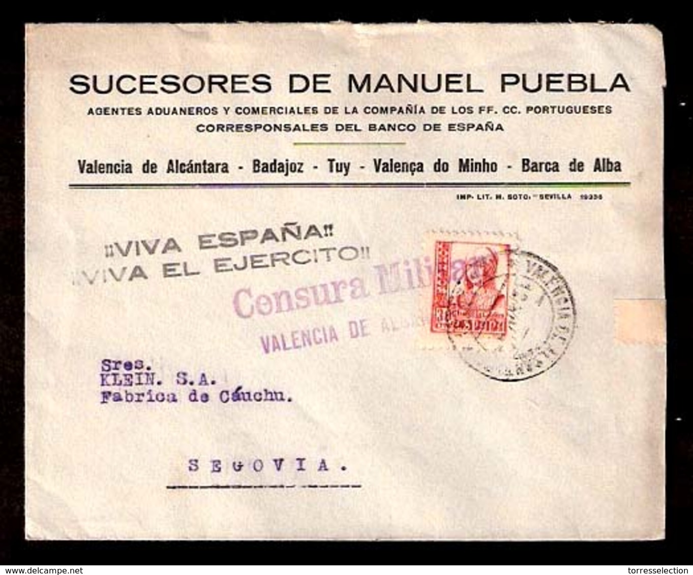 E-PROVINCIAS. 1938. BADAJOZ. Valencia Alcantara A Segovia. Sobre Con Franqueo Y Censura. MB. - Otros & Sin Clasificación