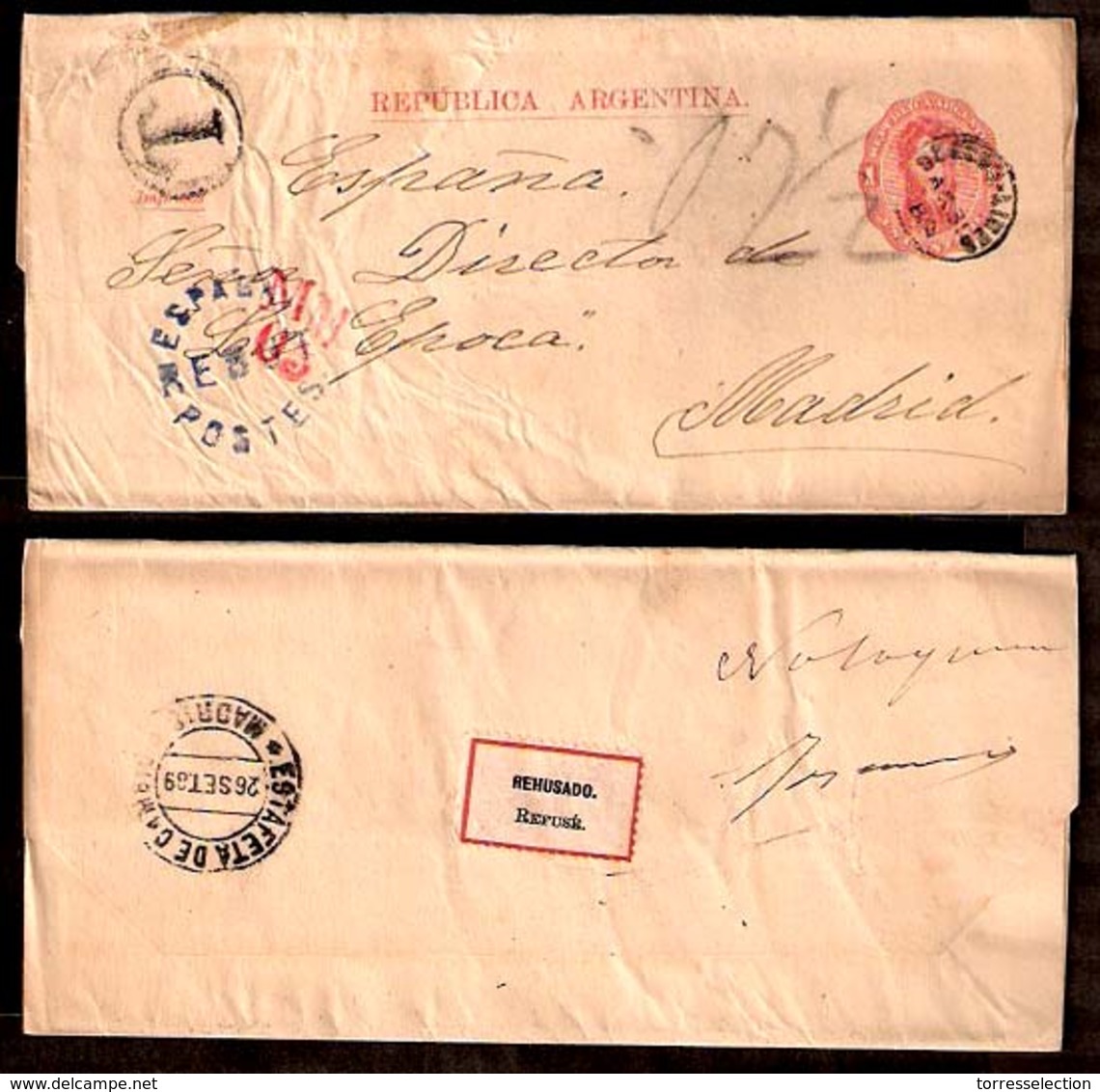 ARGENTINA. 1889. BsAs - SPAIN / Madrid + "M/65 " + RETURN Blue Mark. Very Scarce Tax P M Rate Marks / 1c Stat Wrapper - - Altri & Non Classificati