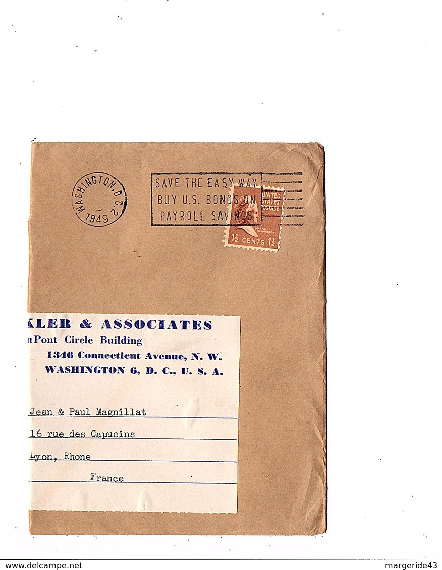 USA LETTRE DE WASHINGTON POUR LA FRANCE 1949 - Covers & Documents