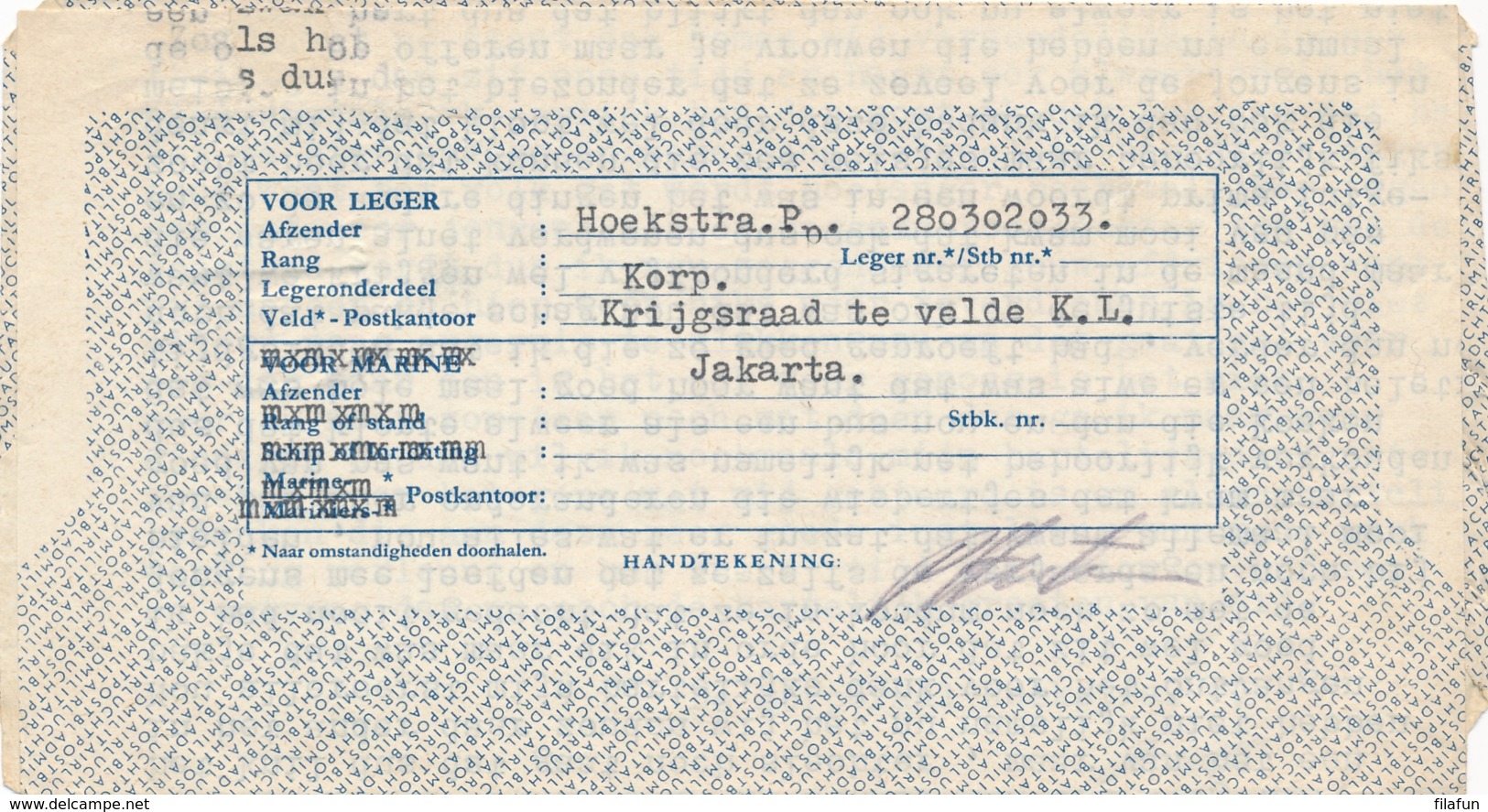 Nederlands Indië - 1950 - Militair Luchtpostblad G12a Van Veldpost Djakarta/5 Naar Koudum / Nederland - Indes Néerlandaises