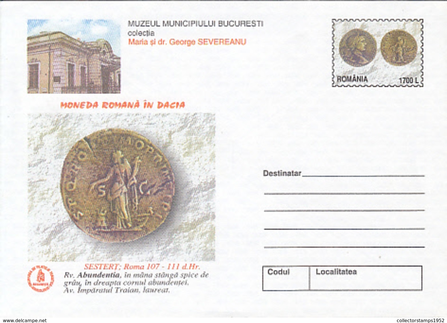 76335- ROMAN SESTERTIUS, ANCIENT COINS, ARCHAEOLOGY, COVER STATIONERY, 2000, ROMANIA - Archeologia