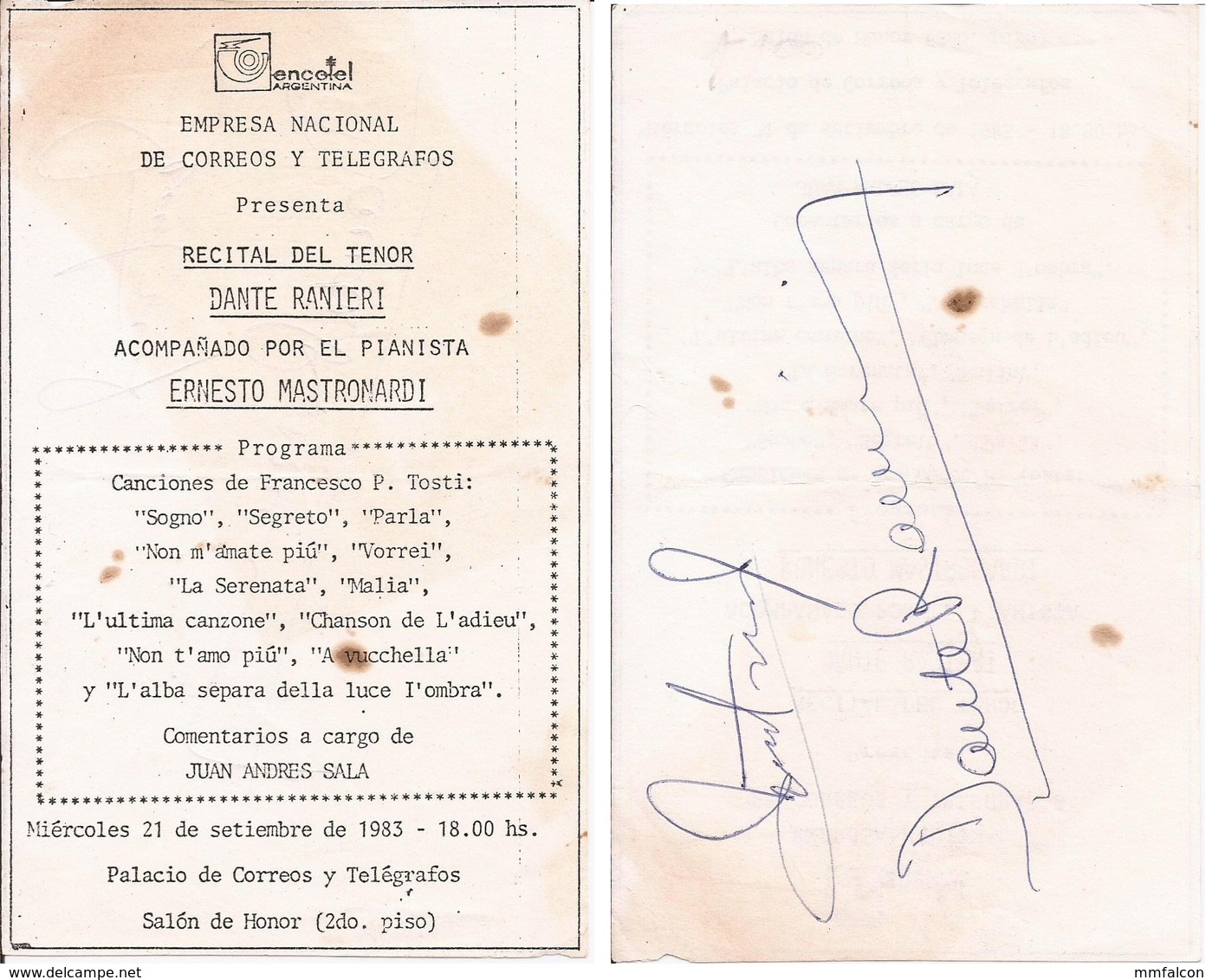 X41 OPERA - Pamphlet Tenor DANTE RANIERI & E. MASTRONARDI With Autograph Hand Signed Dedicacee 1983 ENCOTEL Argentina AD - Autres & Non Classés