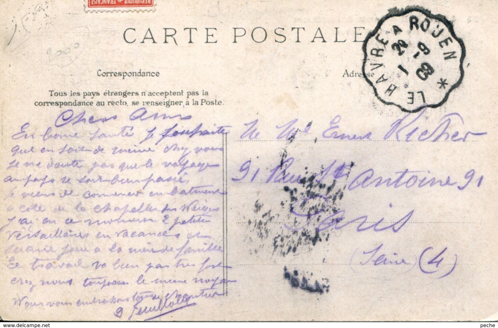 N°70392 -cachet Convoyeur (ambulant) Le Havre à Rouen 1909- - Poste Ferroviaire