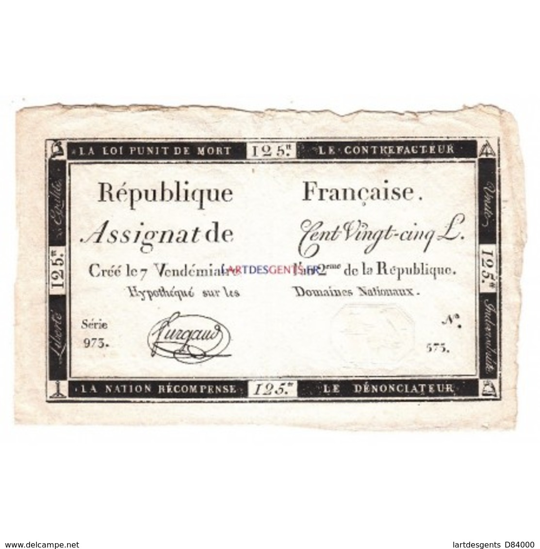 ASSIGNAT 125 LIVRES 7 VENDEMIAIRE AN II SIGN FURGAUD - Assignats & Mandats Territoriaux