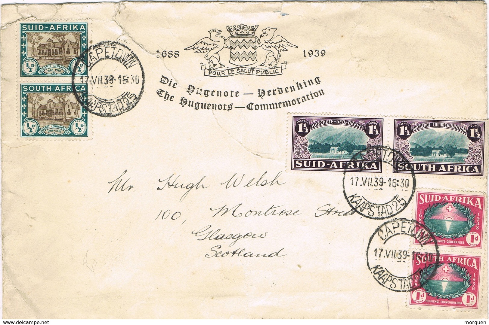 31943. Carta CAPETOWN (South Africa) 1939. Conmemoration The HUGUENOTS - Cartas