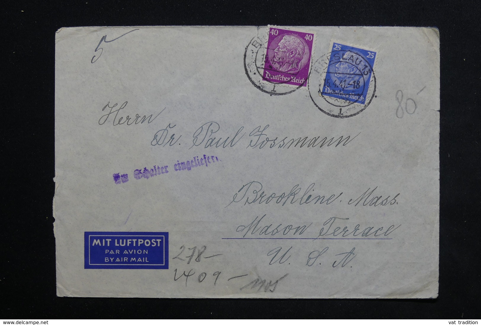 ALLEMAGNE / POLOGNE - Enveloppe De Breslau En 1941 Pour Les Etats Unis ( Judaïsme) - L 23524 - Otros & Sin Clasificación