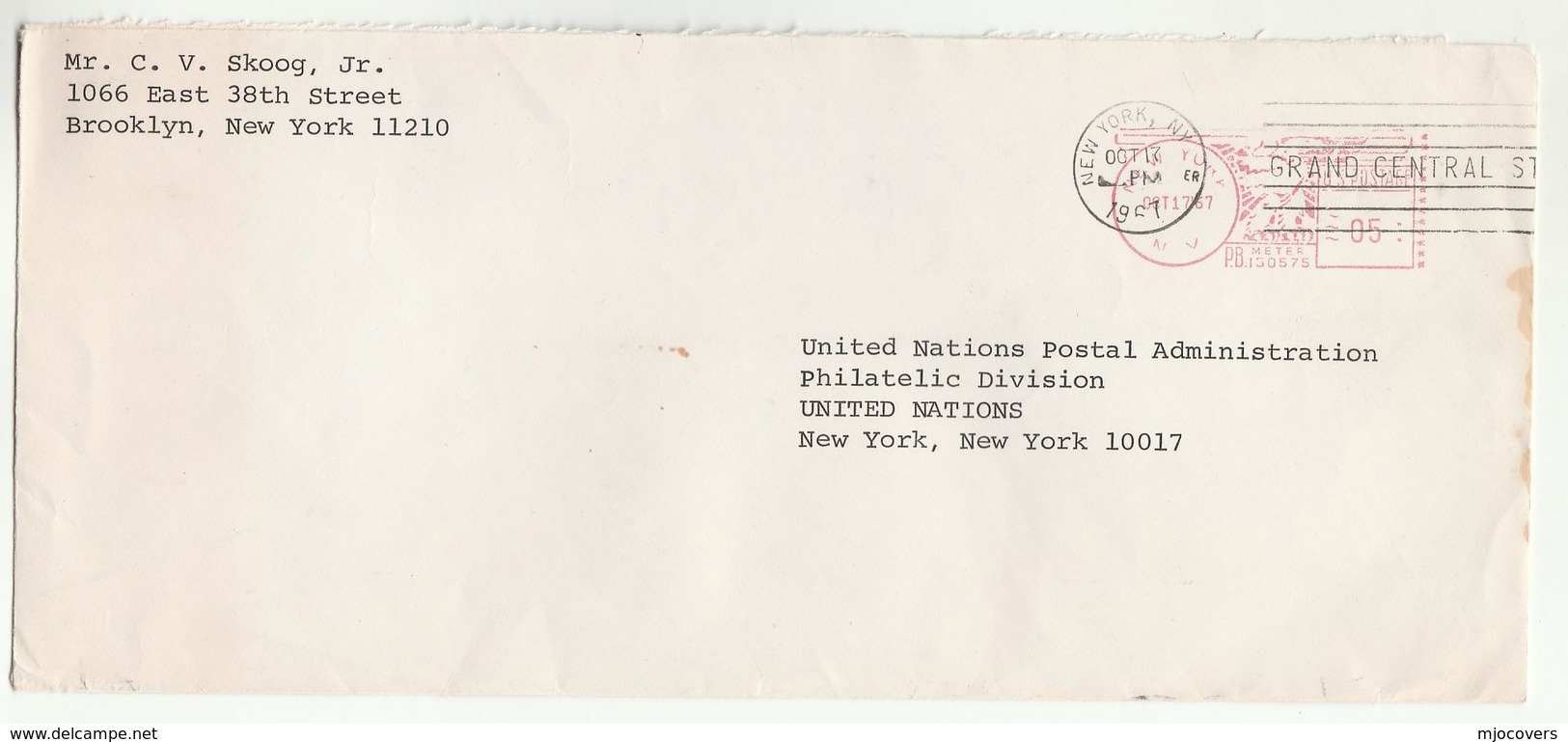 1967 USA Meter COVER To UNITED NATIONS POSTAL ADMINISTRATION UN - UNO