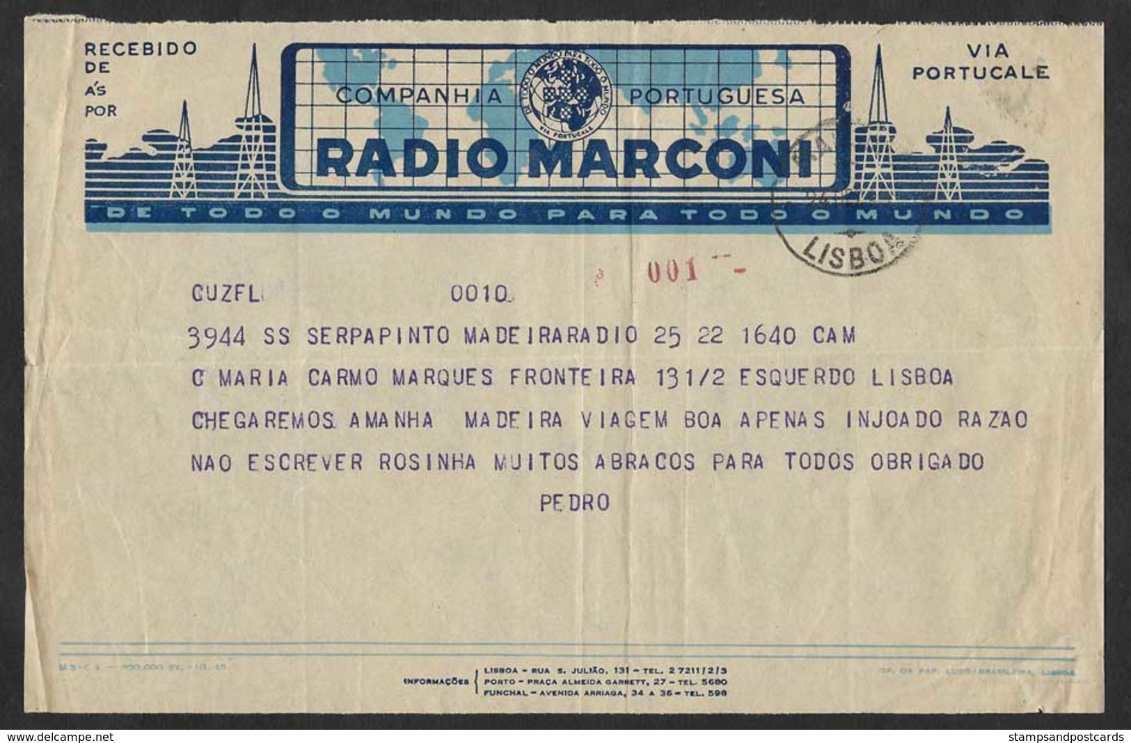 Portugal Télégramme Radio Marconi Paquebot Serpa Pinto Madère Madeira Lisbonne Lisbon Telegram - Covers & Documents