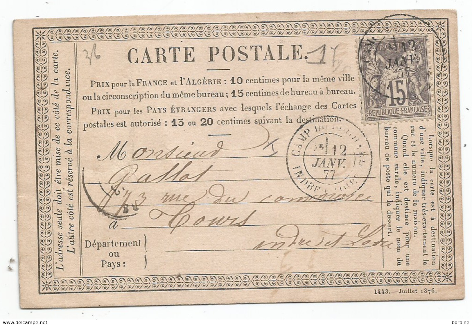 INDRE Et LOIRE - Camp De Mouchard - Càd Type 18 S/TP Sage Type I N°66 - 1877 - 1876-1878 Sage (Type I)