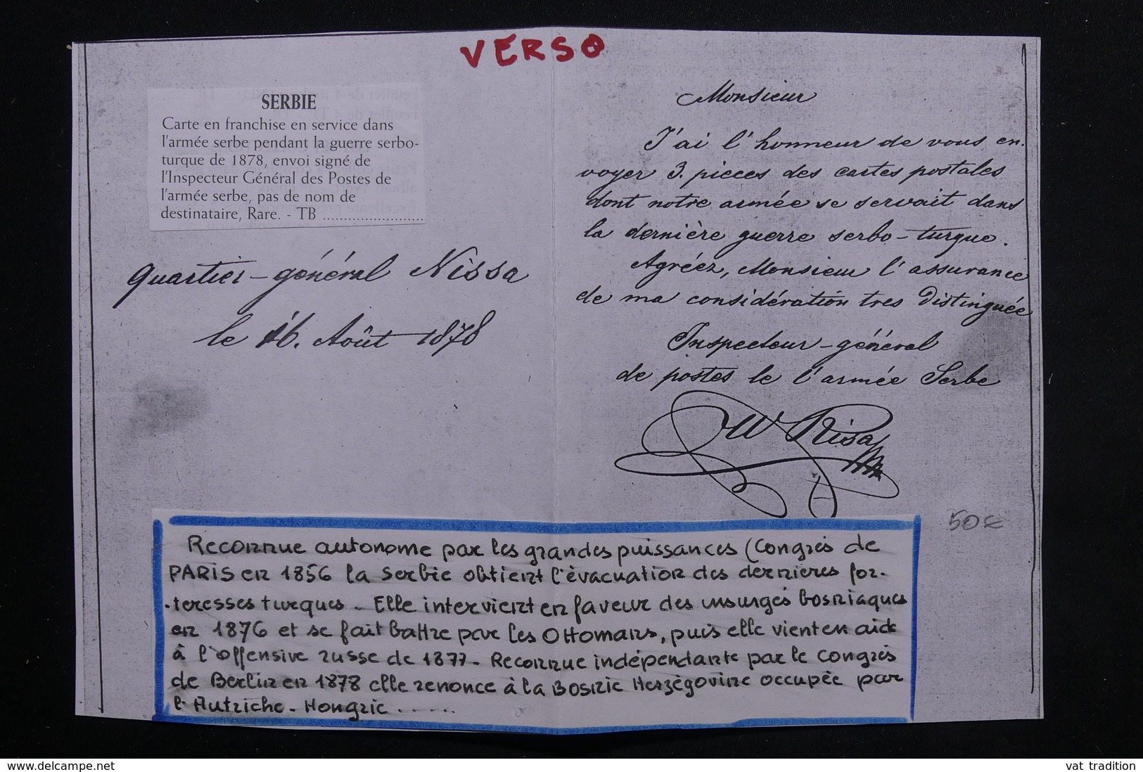 SERBIE - Carte En Franchise Pendant La Guerre Serbo /Turque De 1878 , Envoi Signé De L Inspecteur Des Postes - L 23533 - Serbie
