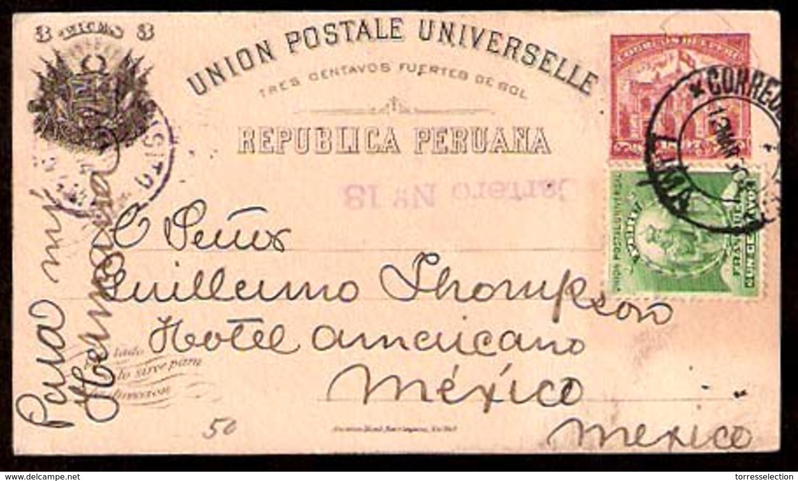 PERU. 1901. Lima - Mexico. 3c Stat Card + Adtl. Fine + Scarce Dest. Via Panama Cds. - Peru
