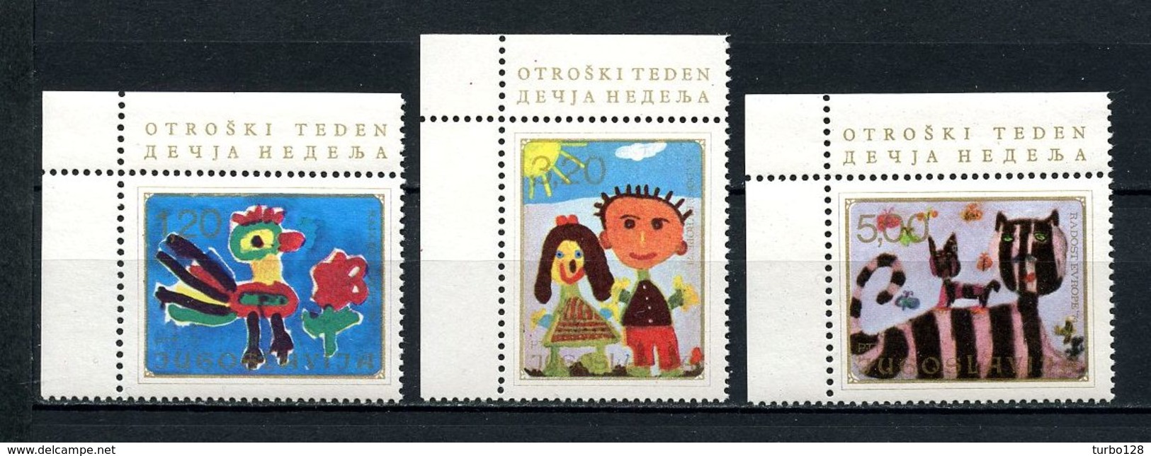 YOUGOSLAVIE 1974  N° 1458/1460 ** Neufs MNH Superbes C 1,50 € Dessins Enfants Animaux Chatte Coq Oiseaux Fleurs - Neufs