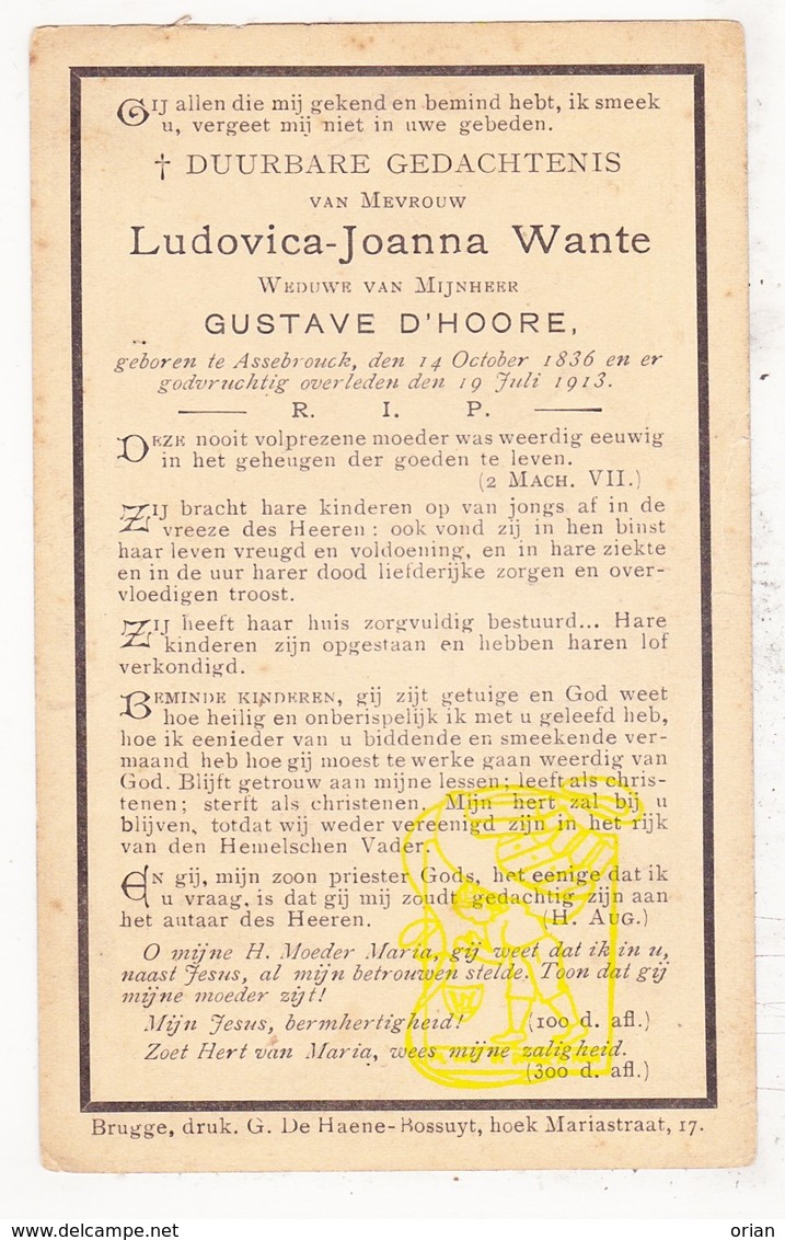 DP Ludovica J. Wante ° Assebroek Brugge 1836 † 1913 X Gustave D'Hoore - Images Religieuses