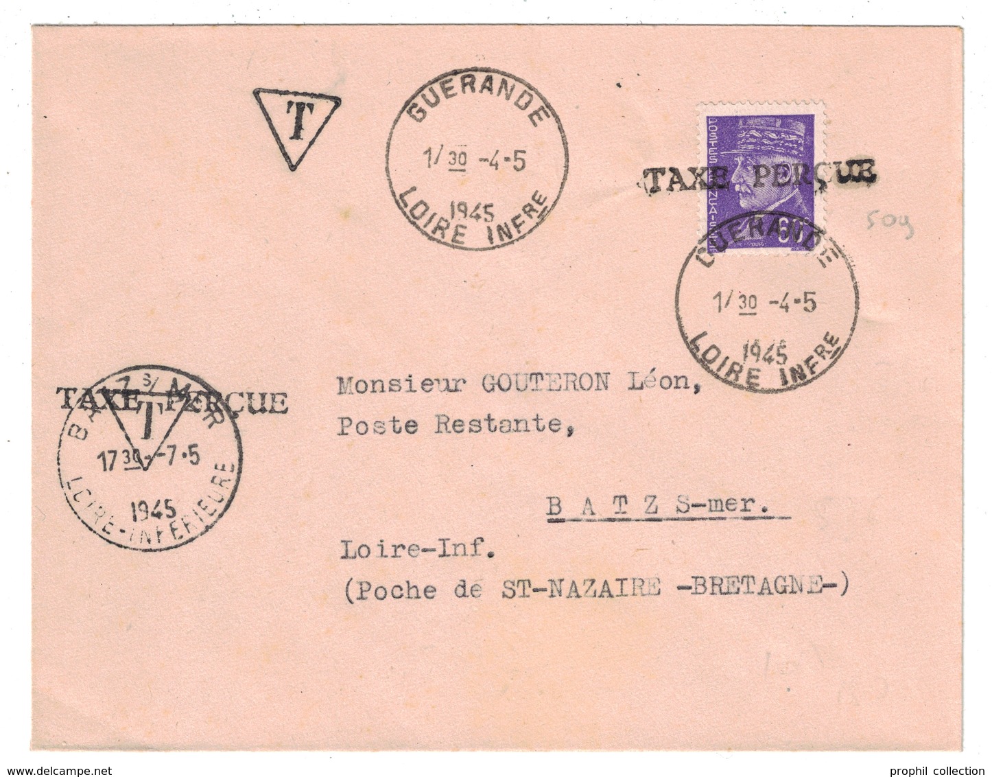 1945 - POCHE DE ST NAZAIRE : LETTRE Avec PETAIN N° 509 GRIFFE TAXE PERÇUE CAD HOROPLAN GUERANDE Pour BATZ SUR MER - Guerre De 1939-45