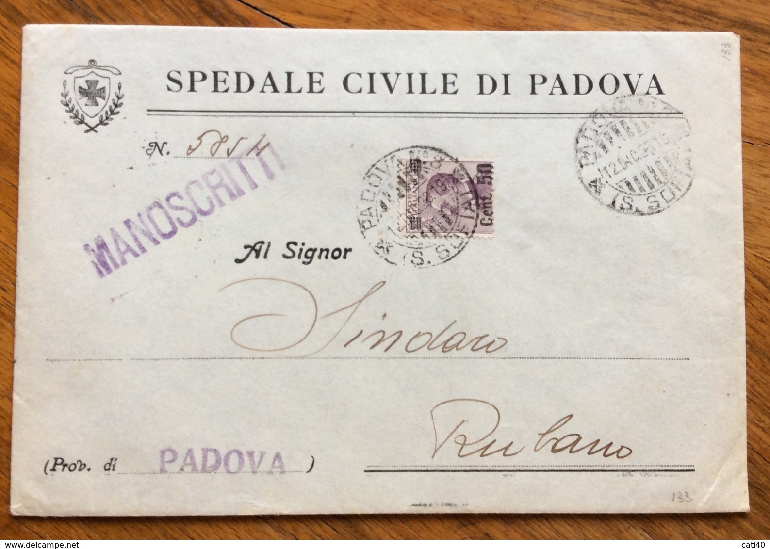 MICHETTI 50/55 ( Sovrastampa Spostata) BUSTA OSPEDALE CIVILE DI PADOVA PER RUBANO IN DATA 12/12/28 - Storia Postale