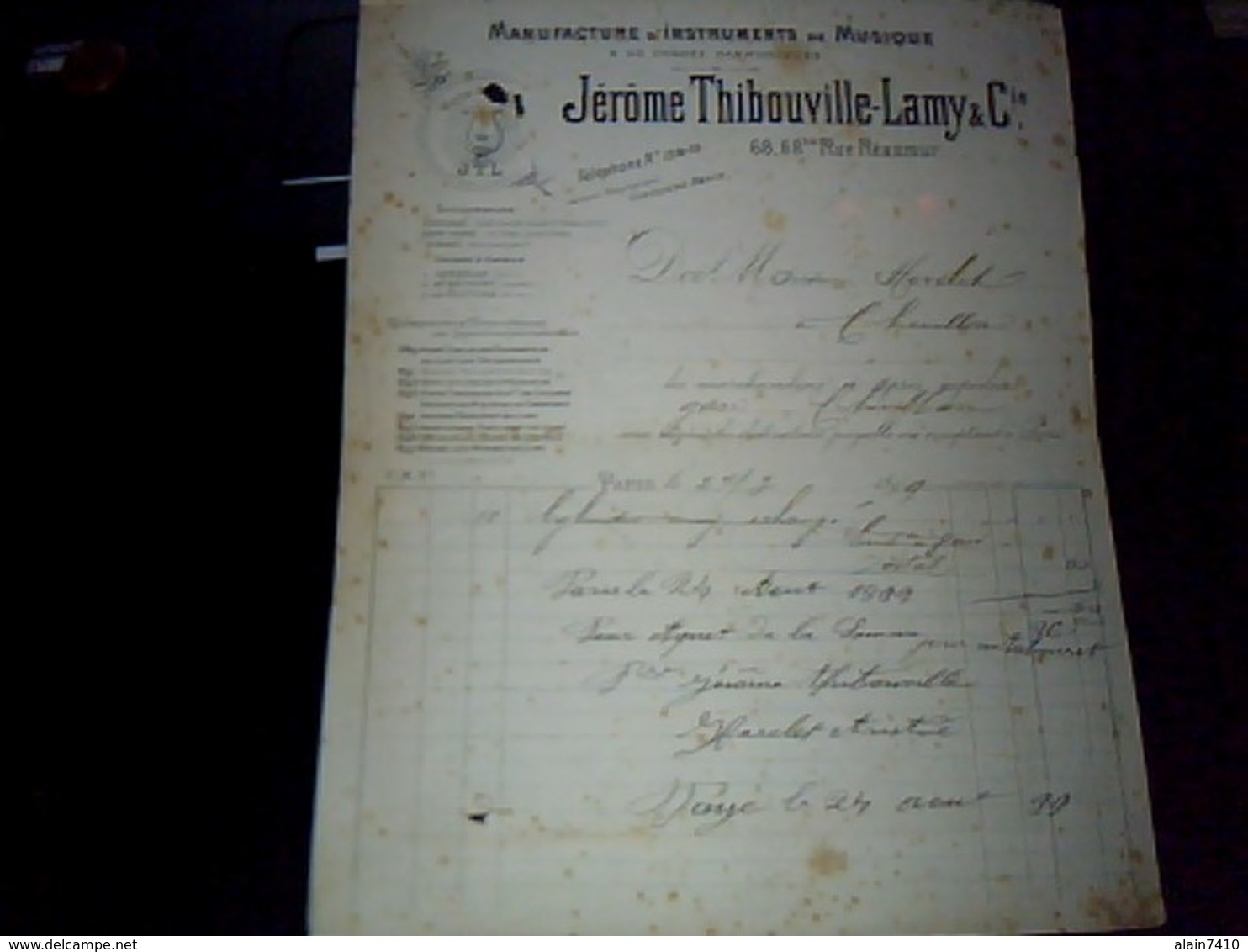 Facture MANUFACTURE D INSTRUMENTS DE MUSIQUE JEROME THIBOUVILLE LAMY A RÈAUMUR ANNÈE 1899 - Autres & Non Classés