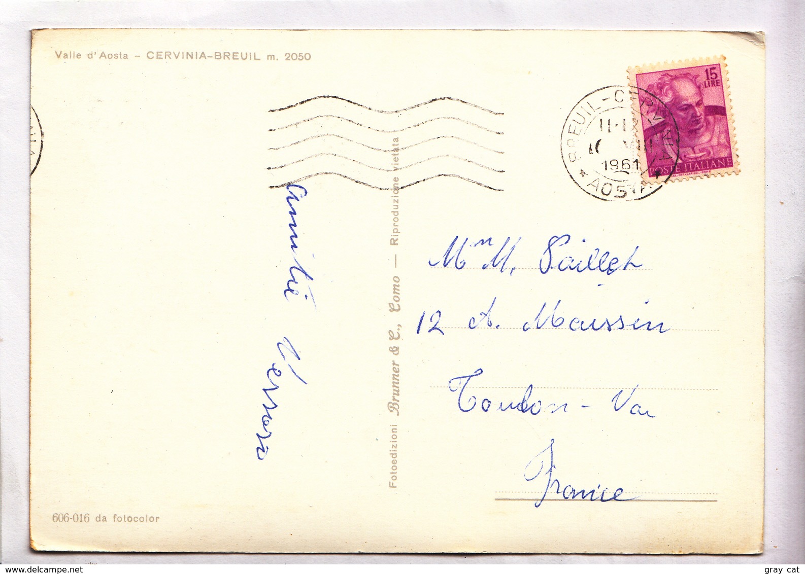 Italy, Italia, Valle D'Aosta, CERVINIA-BREUIL M. 2050, 1961 Used Postcard [22910] - Other & Unclassified