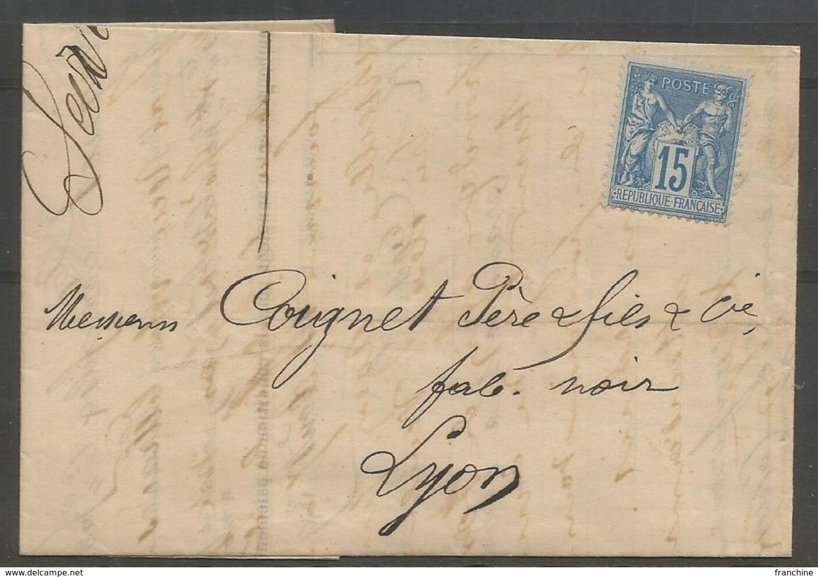 1878 – N°90 (o) - 15 C Bleu - SAGE TYPE II - Oblitéré - SEUL SUR LETTRE  - Timbre Non Oblitéré - Vignette Exp. Verso - 1876-1898 Sage (Type II)