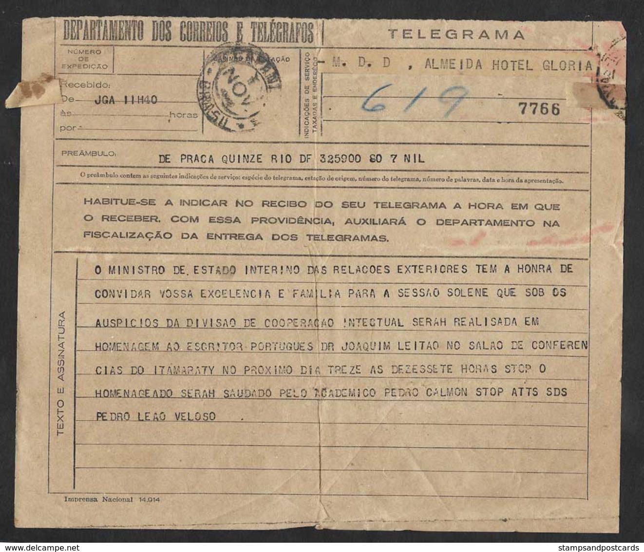 Brasil Brésil Télégramme Invitation Ministre D' Etat Hommage Ecrivain Portugal Joaquim Leitão Brazil Telegram - Telegrafo