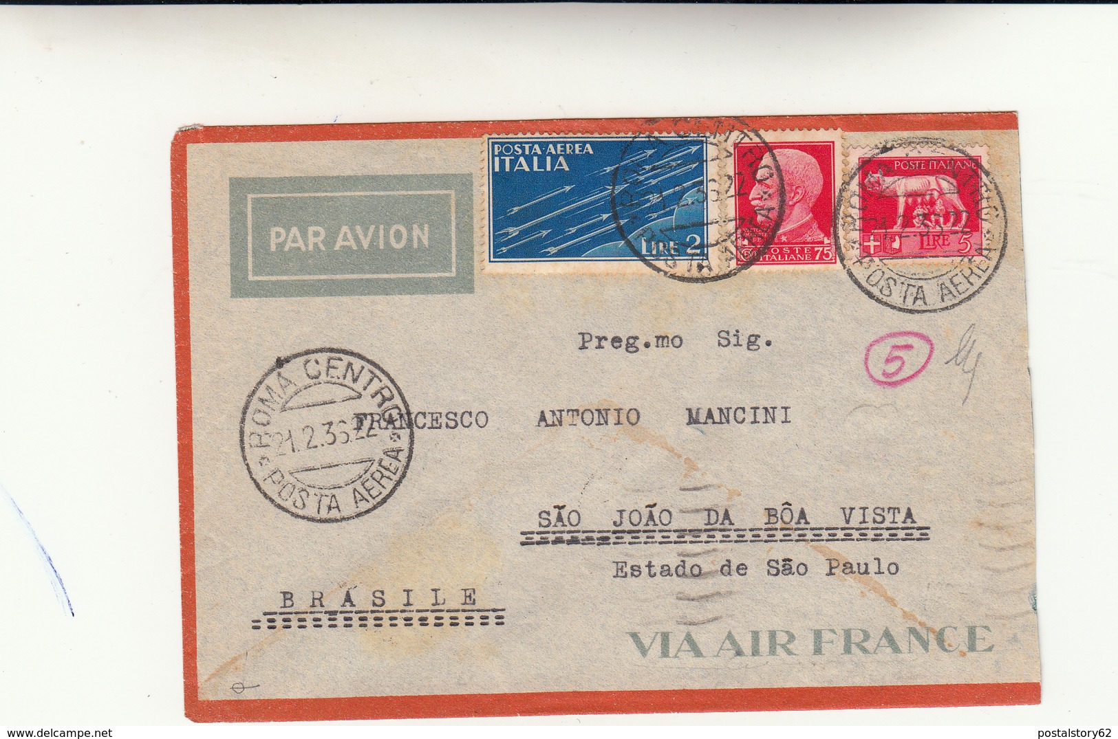 Roma Per Sao Joao Da Boa Vista ( Brasile ) Cover Via Marsiglia 1936 - Marcophilie (Avions)