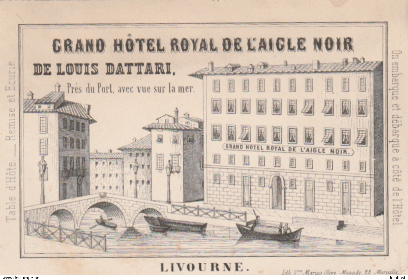 LIVOURNE : Carte Pub. Du Grand Hôtel Royal De L'Aigle Noir, Près Du Port. Table D'hôte .. On Embarque à Côté De L'hôtel. - Publicidad