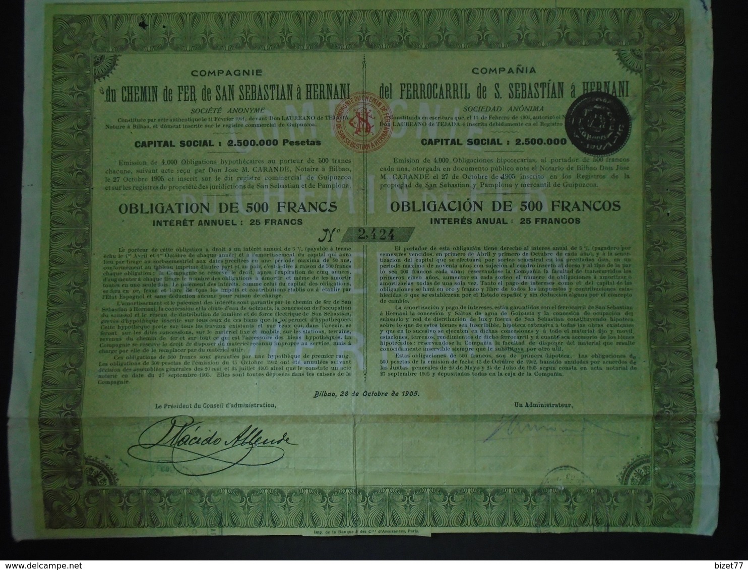 ESPAGNE 6 CDF DE S. SEBASTION A HERNANI - OBLIGATION 500 FRS - BILBAO 1905 - ETAT MOYEN - Autres & Non Classés