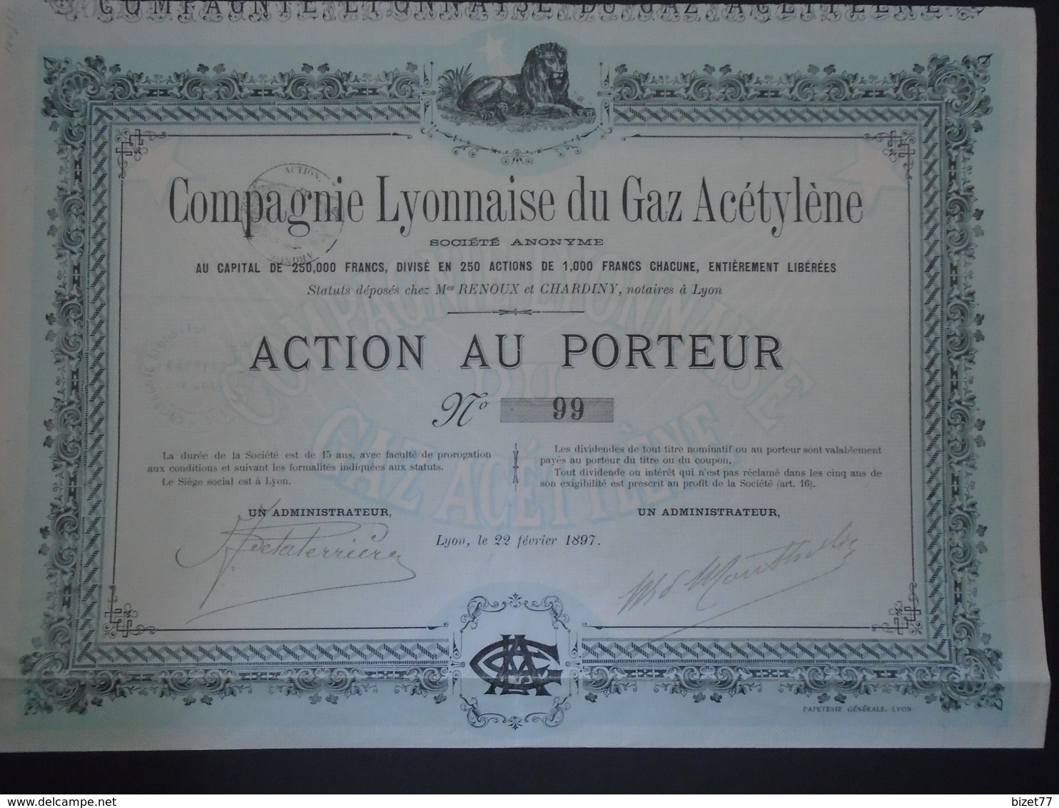 CIE LYONNAISE DU GAZ ACETYLENE - ACTION 1 000 FRS, PETIT TIRAGE : 250 ACTIONS - LYON 1897 - Other & Unclassified