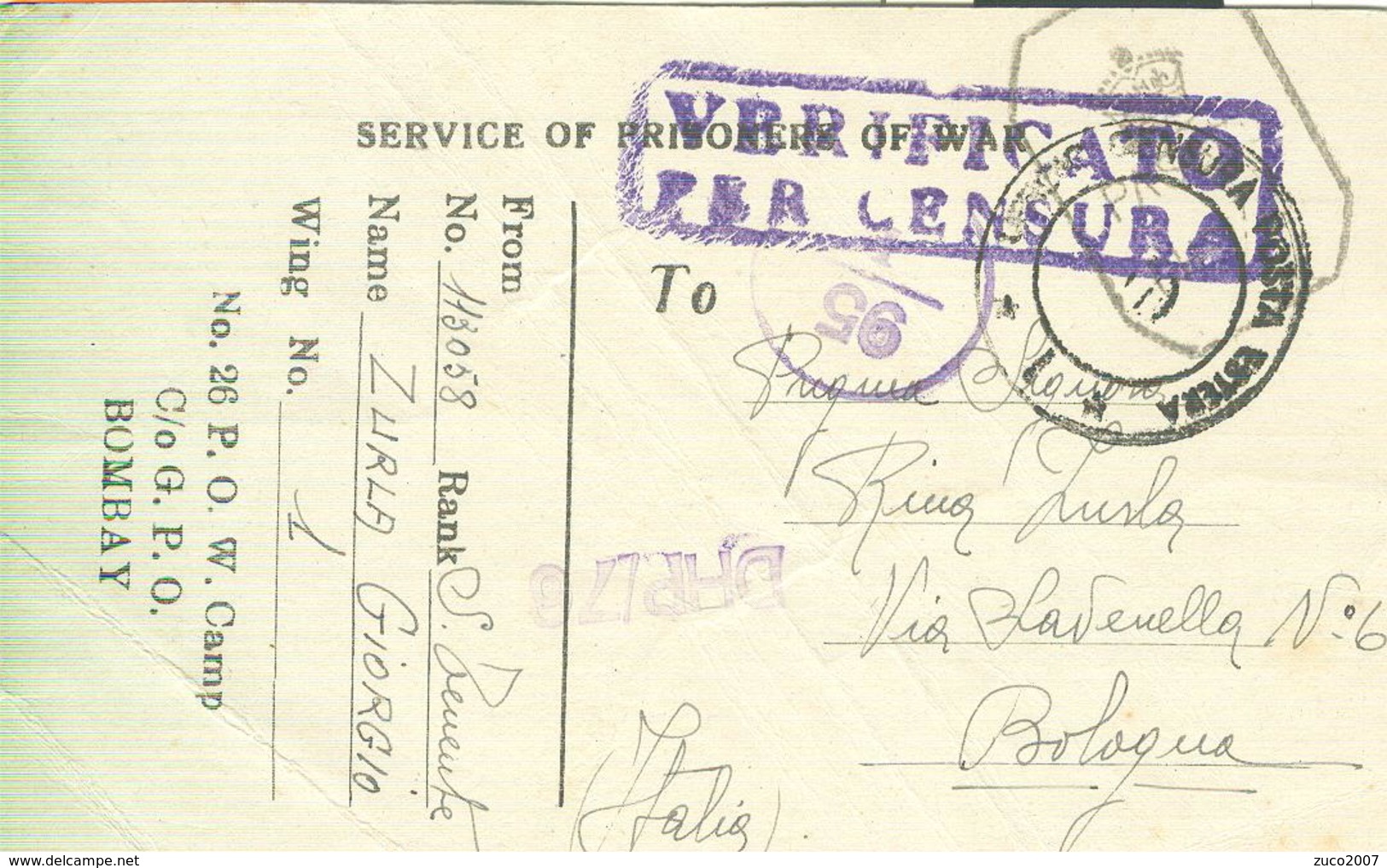 PRIGIONIIERI DI GUERRA-  PRISONERS OF WAR"N.26 P.O.W. CAMP "G.P.O. BOMBAY(INDIA),CENSURA,per BOLOGNA - 1939-45