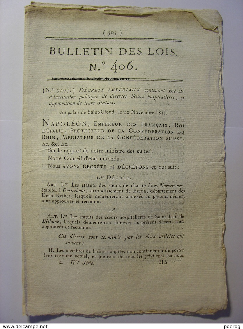 BULLETIN DES LOIS 1811 - OMBRONE ITALIE PRUSSE DROIT D'AUBAINE DETRACTION RELIGIEUSES OOSTEROUT HOLLANDE BETHUNE HOLLAND - Decretos & Leyes