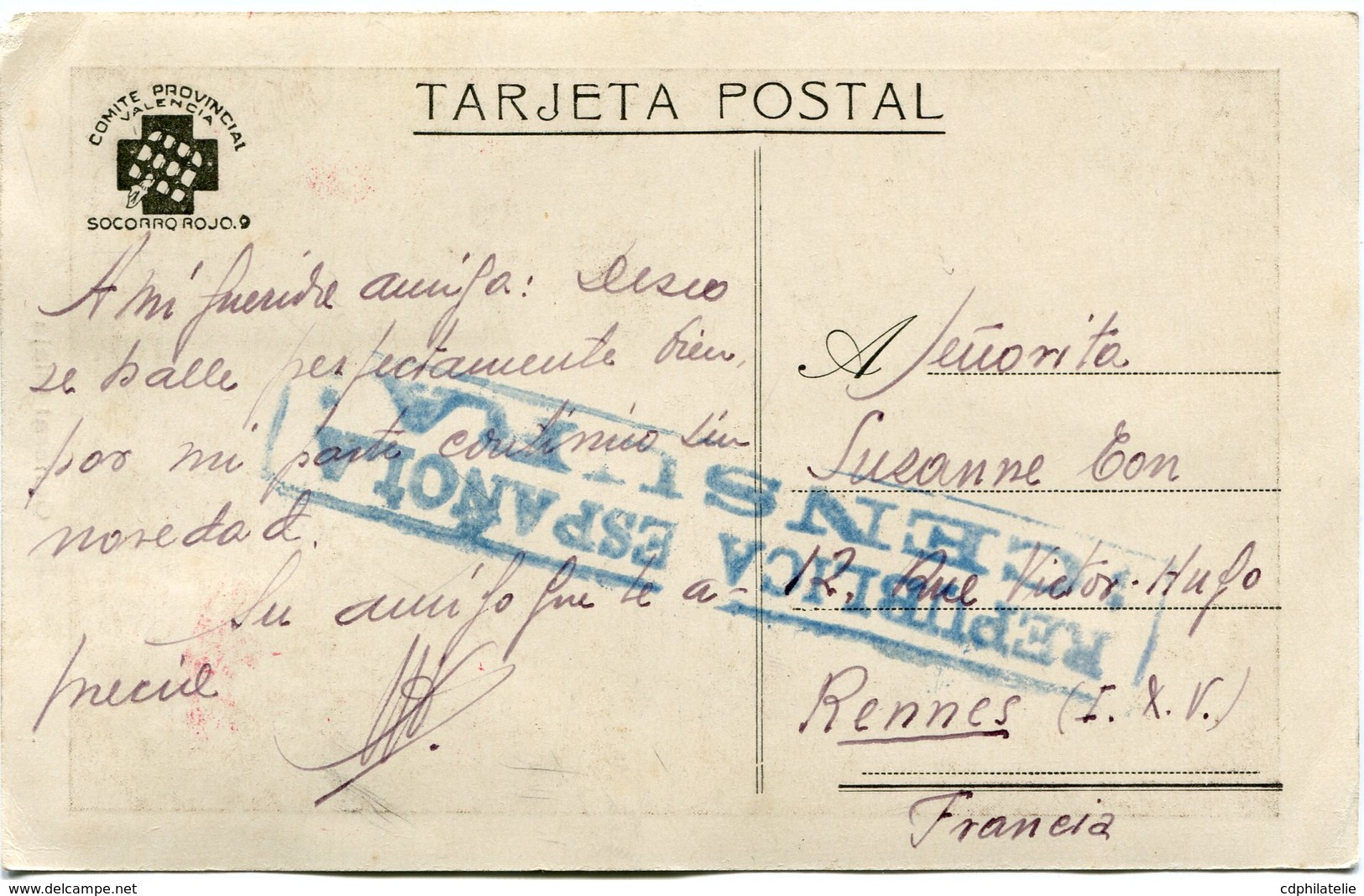 ESPAGNE CARTE DU GENERAL MIAJA AVEC VIGNETTE "PRO-PRENSA" + CACHET ROUGE "CORREO DE CAMPANA 39 DIVISION BASE TURIA" +... - Marcas De Censura Republicana