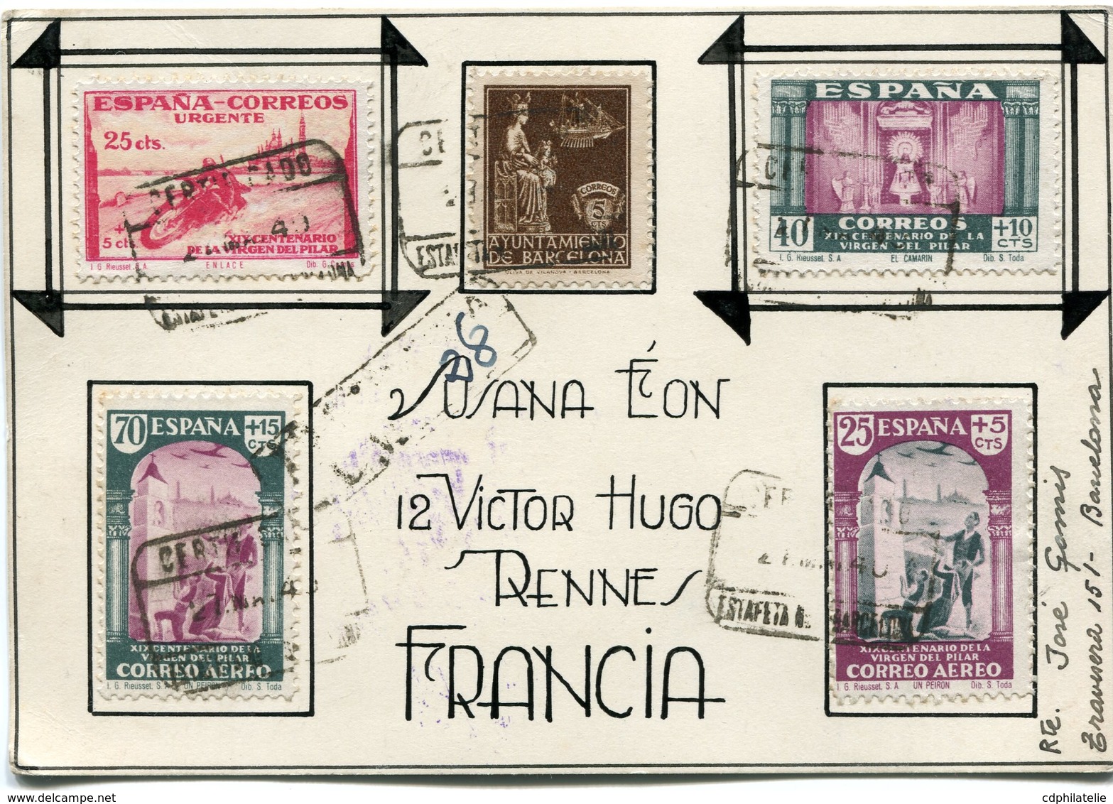 ESPAGNE CARTE AVEC AU DOS CACHET VIOLET " CENSURA MILITAR BARCELONA " DEPART BARCELONE 27 MAI 40 POUR LA FRANCE - Republicans Censor Marks