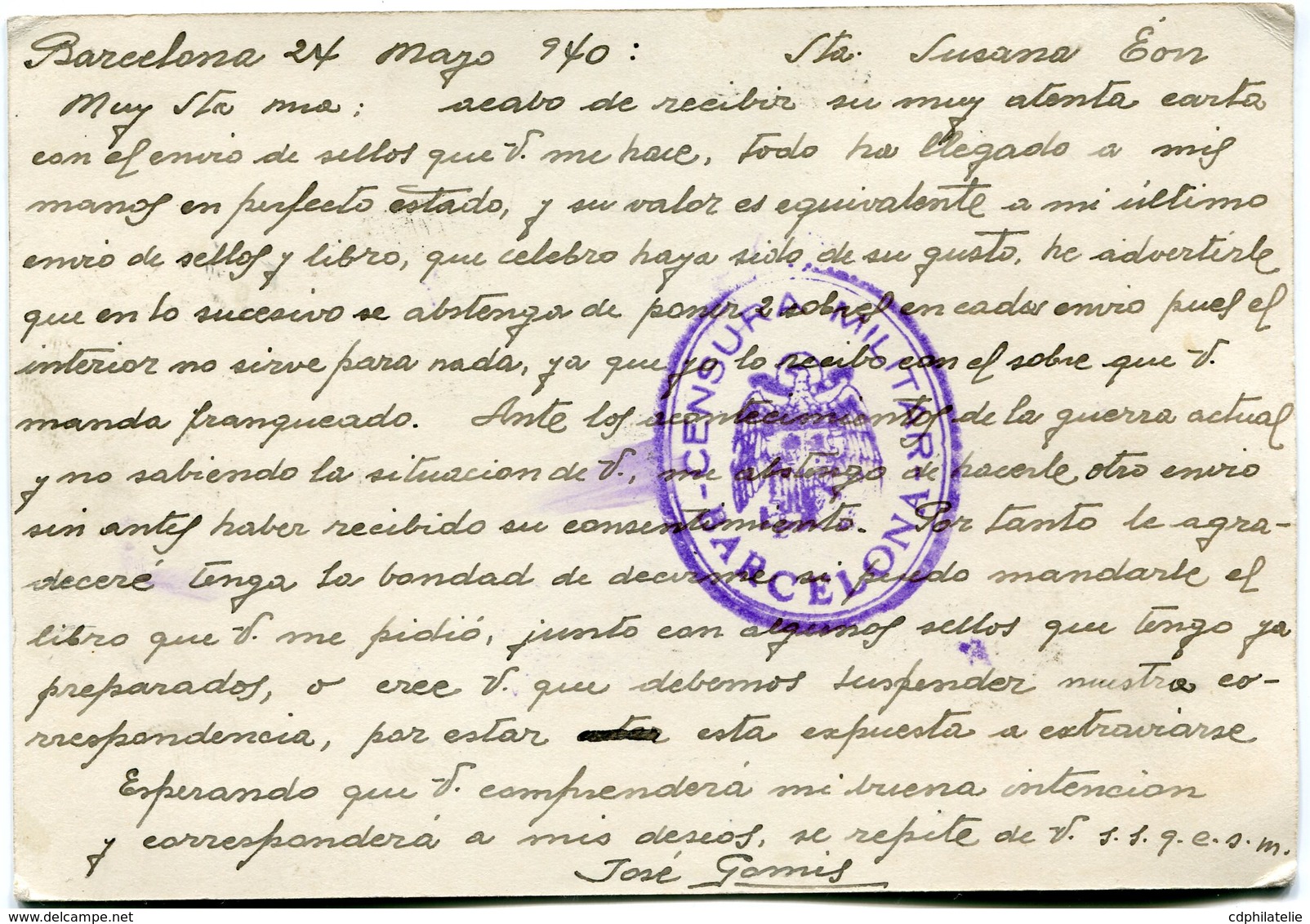 ESPAGNE CARTE AVEC AU DOS CACHET VIOLET " CENSURA MILITAR BARCELONA " DEPART BARCELONE 27 MAI 40 POUR LA FRANCE - Republicans Censor Marks