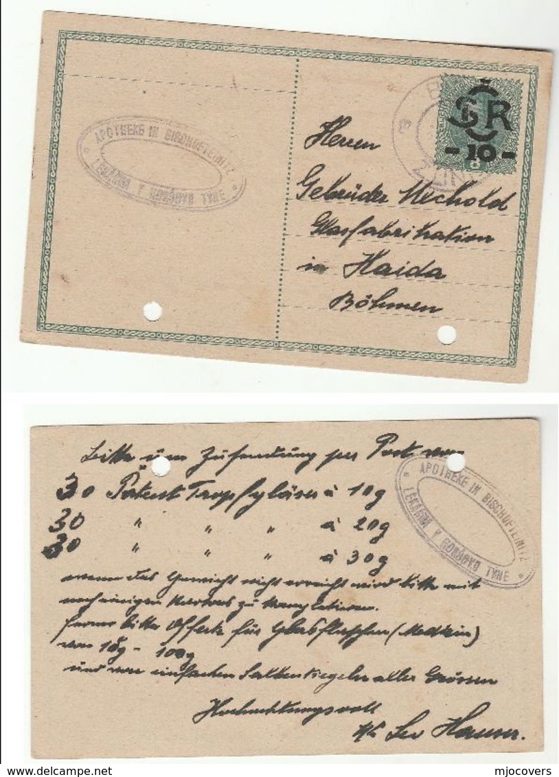 1919 C  BISCHOFTEINITZ APOTHEKE Postal Stationery Card Austria Czech Pharmacy Health Medicine Horsovsky Tyn - Pharmacy