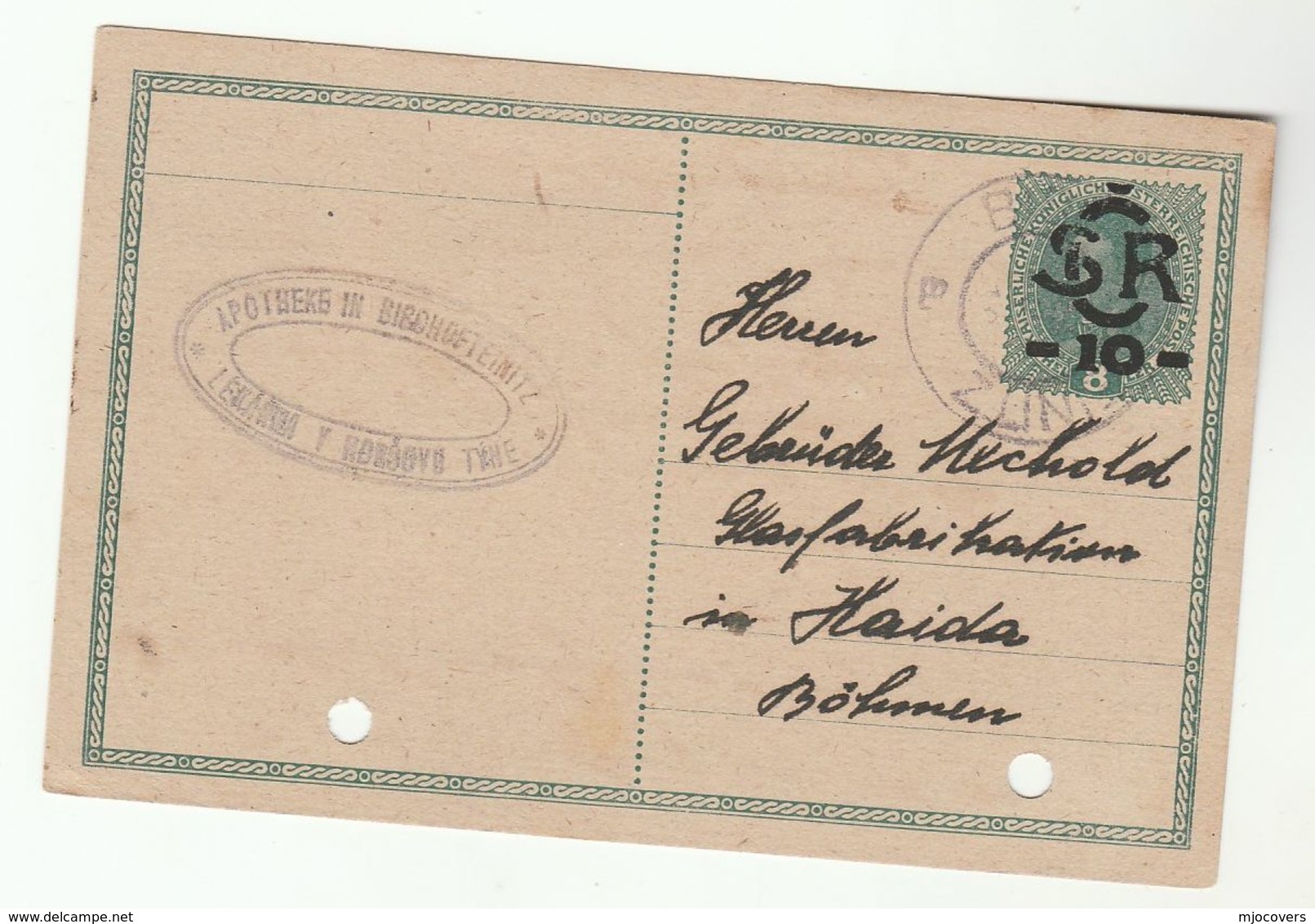1919 C  BISCHOFTEINITZ APOTHEKE Postal Stationery Card Austria Czech Pharmacy Health Medicine Horsovsky Tyn - Pharmacy