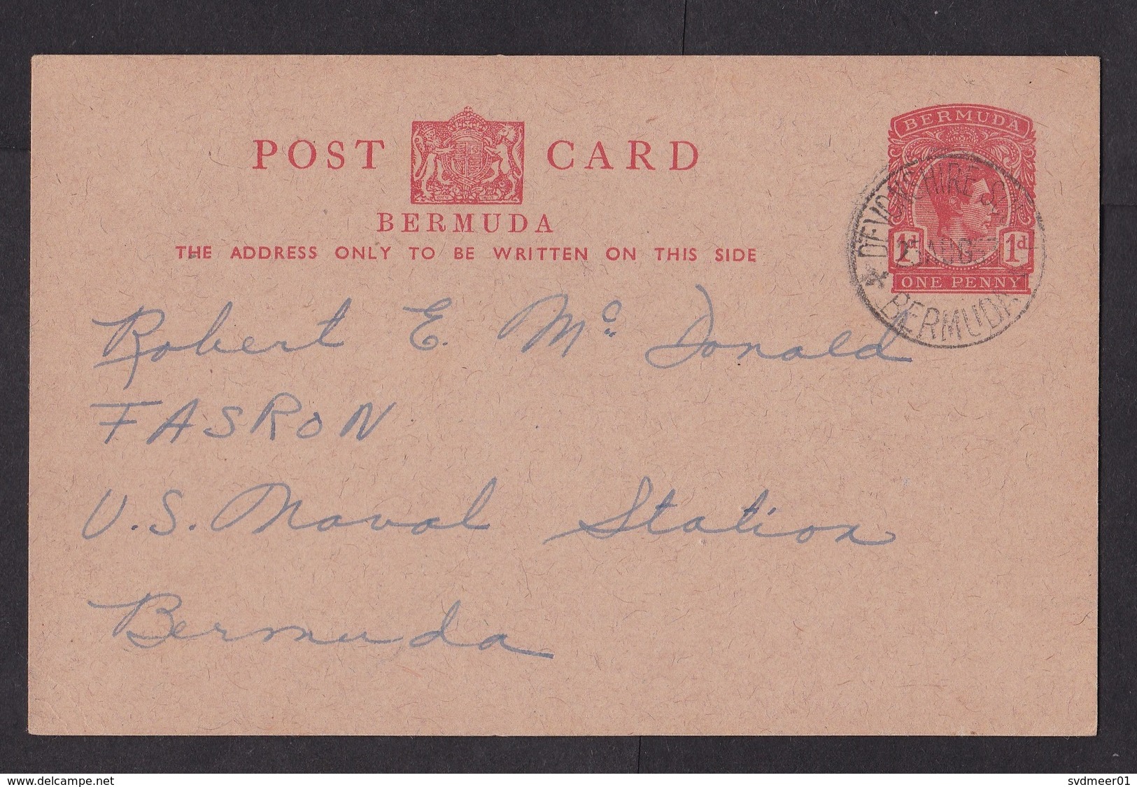 Bermuda: Stationery Postcard, 1953, King George VI, From Radio Society To US Naval Station (traces Of Use) - Bermudes