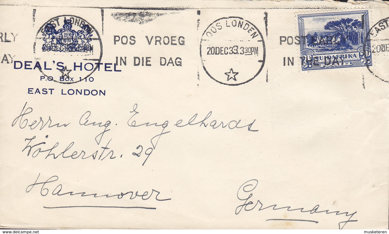 South Africa DEAL's HOTEL Slogan Flamme EAST LONDON 1933 Cover Brief HANNOVER Germany - Briefe U. Dokumente