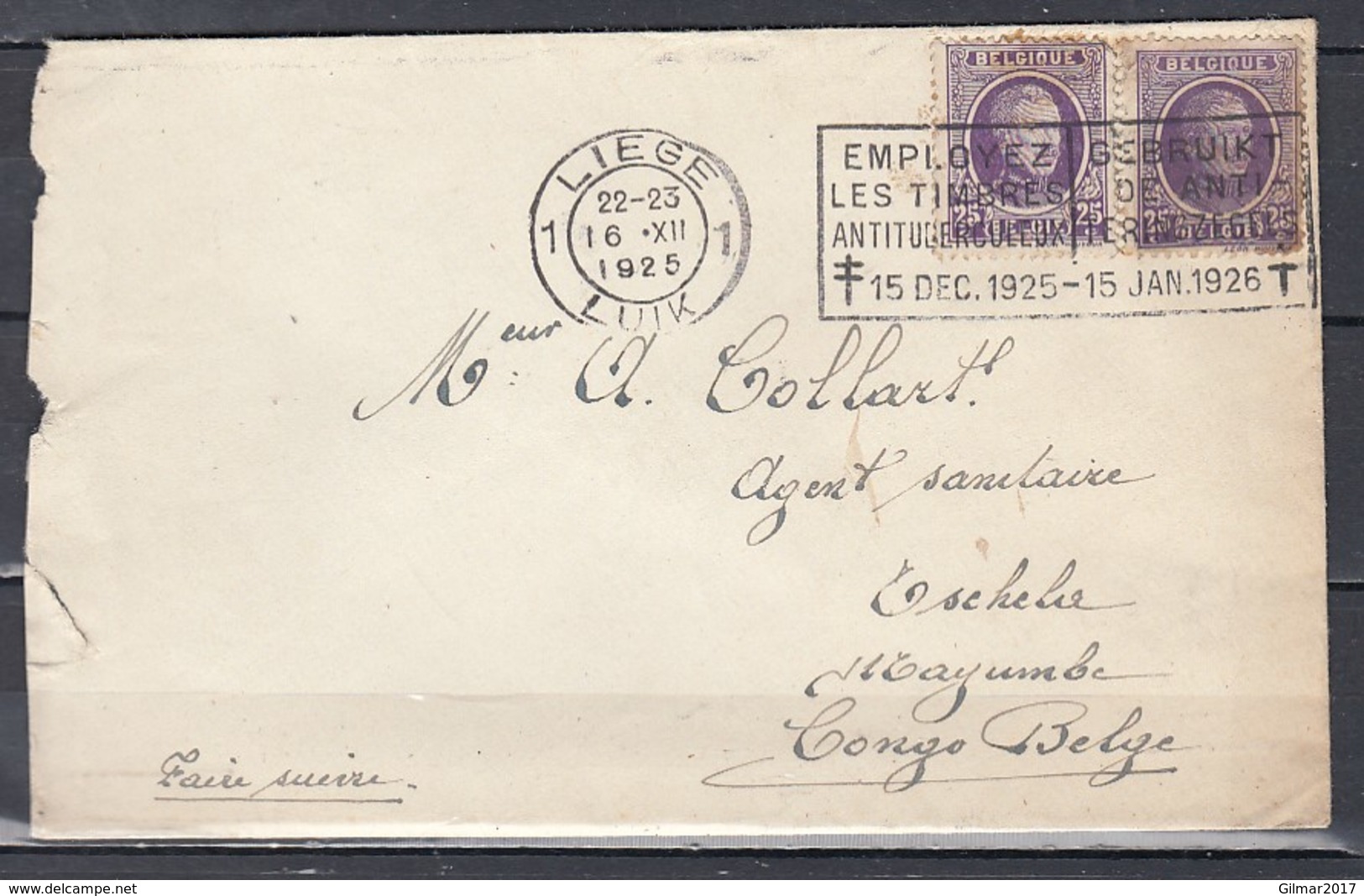 Brief Van Liege 1 Luik Naar Congo Belge Isehela Mayumbe - 1922-1927 Houyoux