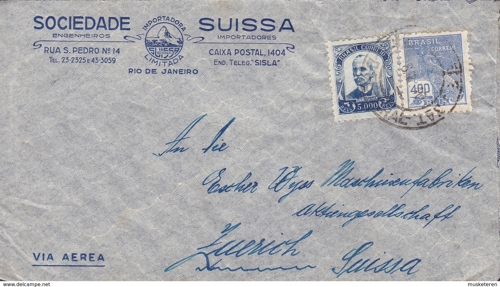Brazil Via Aerea SOCIEDADE SUISSA, RIO DE JANEIRO 1928 Cover Letra ZÜRICH Suisse Ruy Barbosa & Hermes Mercury - Cartas & Documentos