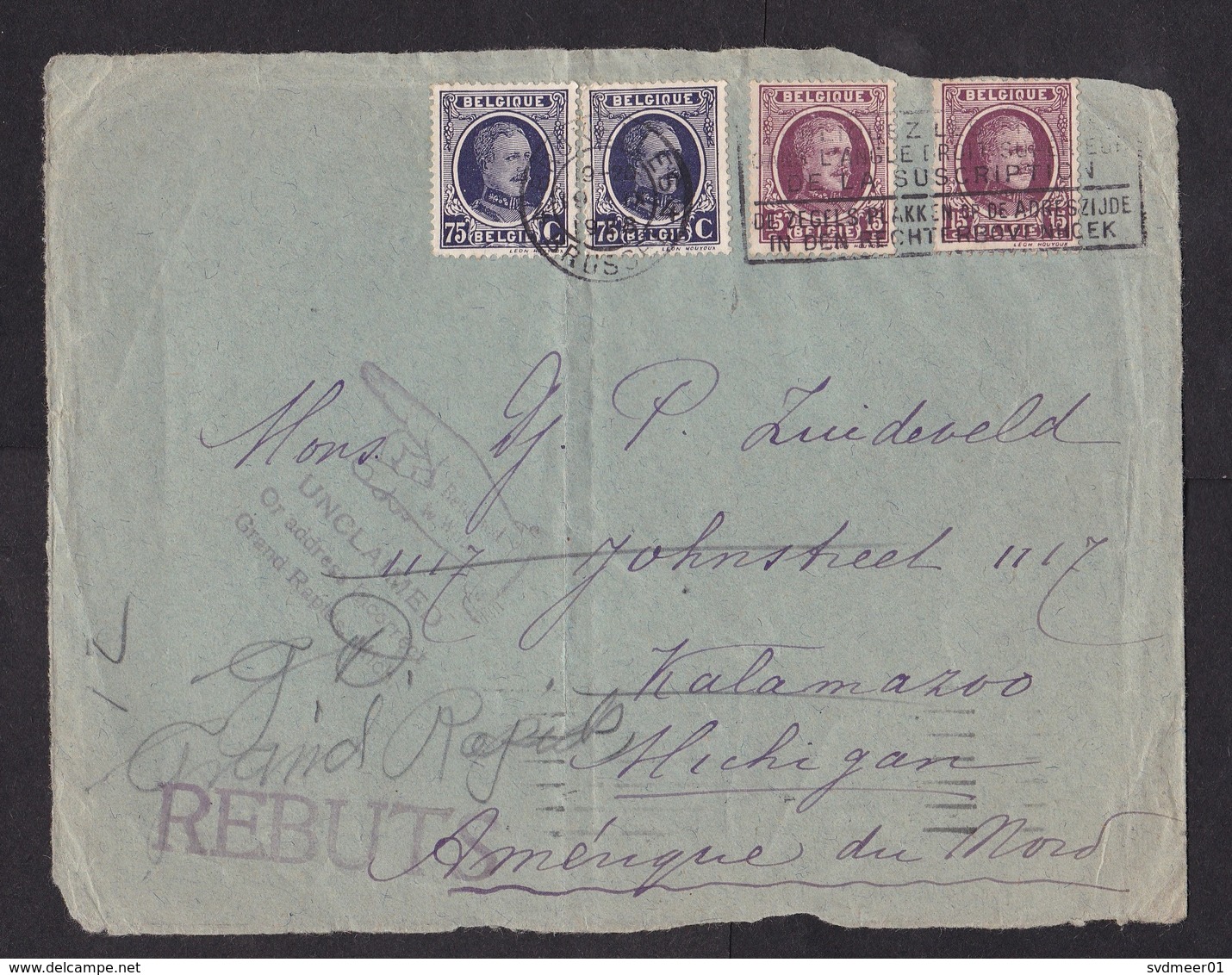 Belgium: Fragment Of Cover To USA, 4 Stamps, Cancel Returned, Retour, Rebuts (serious Damage; Front Only!) - Andere & Zonder Classificatie
