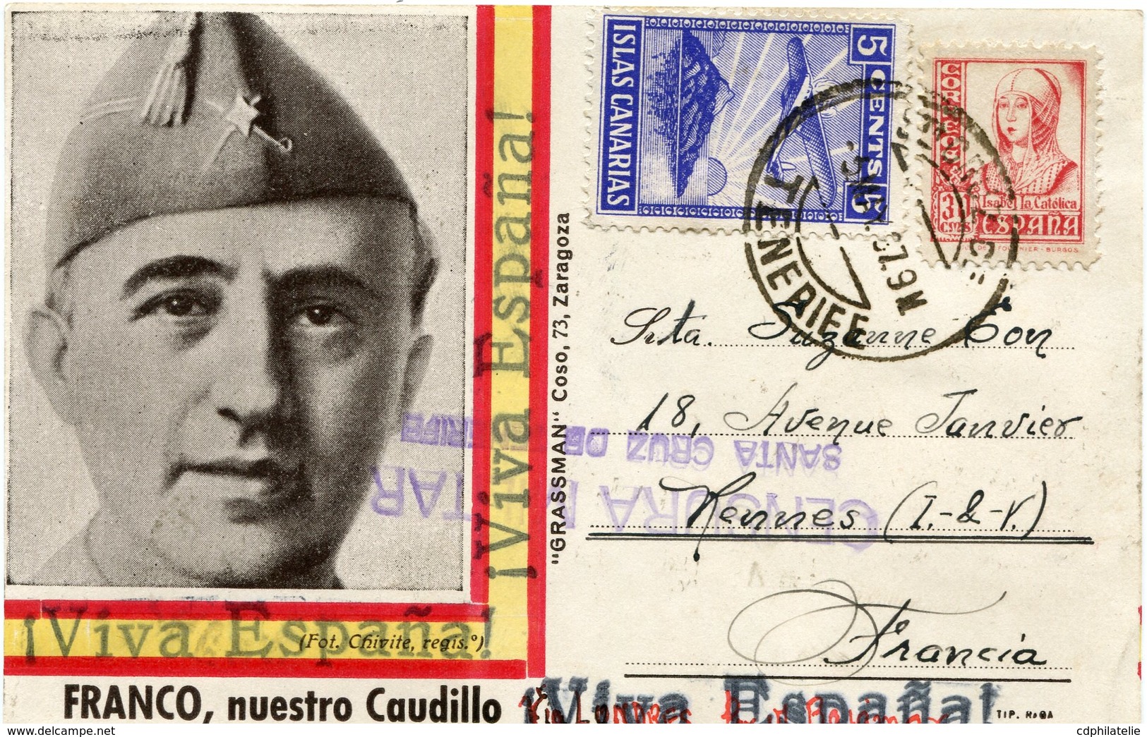 ESPAGNE CARTE POSTALE DE FRANCO AVEC RECTO / VERSO CACHET VIOLET "CENSURA MILITAR SANTA CRUZ DE TENERIFE"............... - Marques De Censures Républicaines