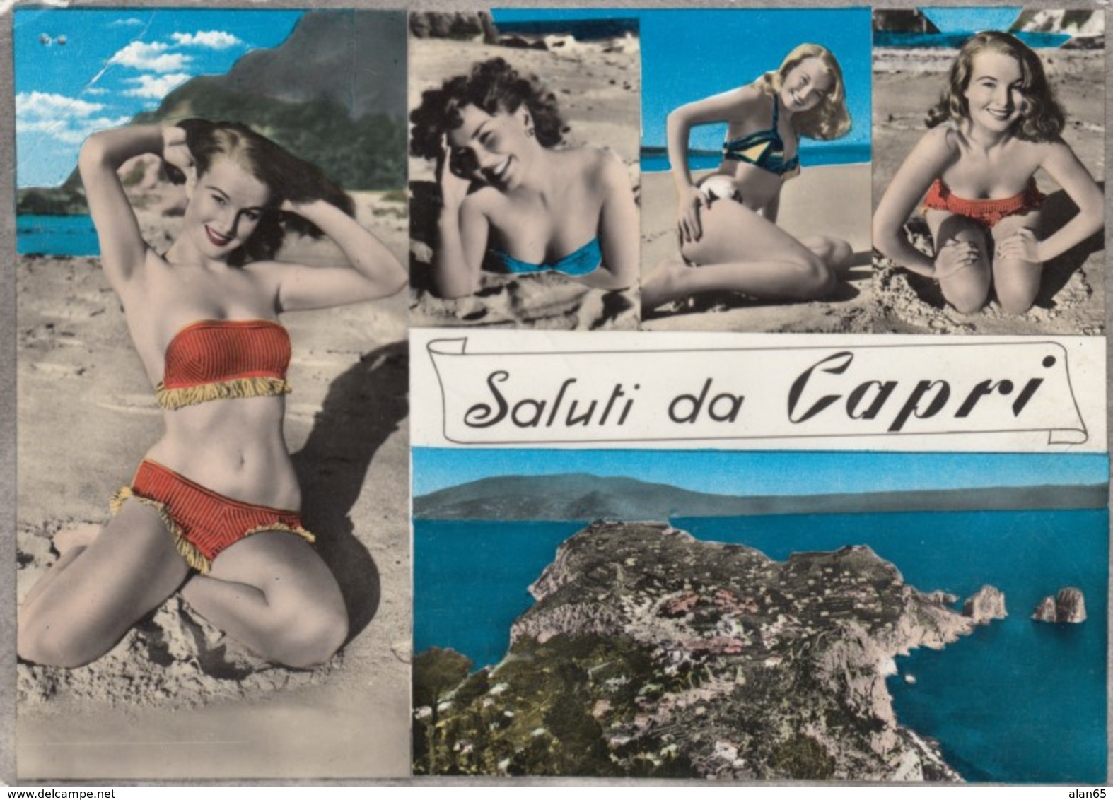 Beautiful Women In Bikini Swimsuits, 'Saluti Da Capri' Italy, Beach Scene, C1960s Vintage Postcard - Pin-Ups