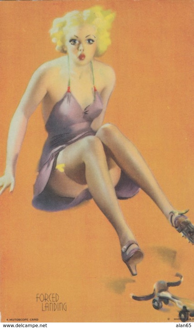 Mutoscope Arcade Card Pin-up 'Forced Landing' Beautiful Woman Revealing Risque Fashion C1940s Vintage Arcade Card - Unclassified