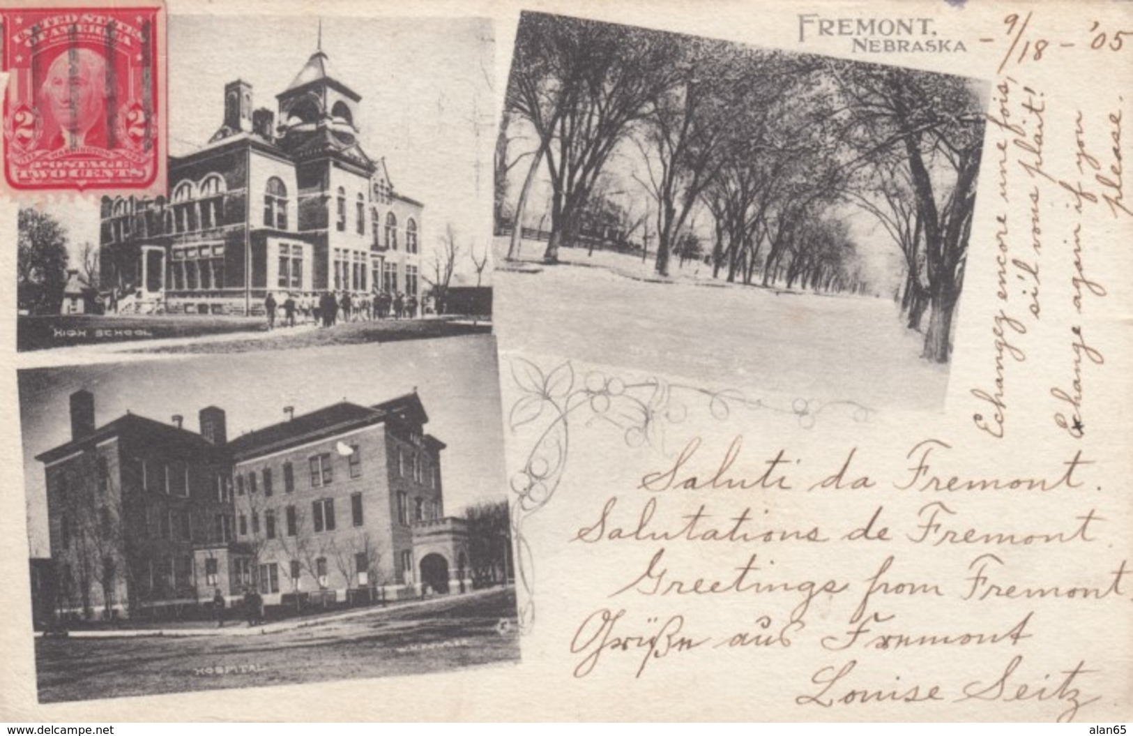 Fremont Nebraska, Early Multi-view High School, WH Fowler Building, Street Scene, C1900s Vintage Postcard - Fremont