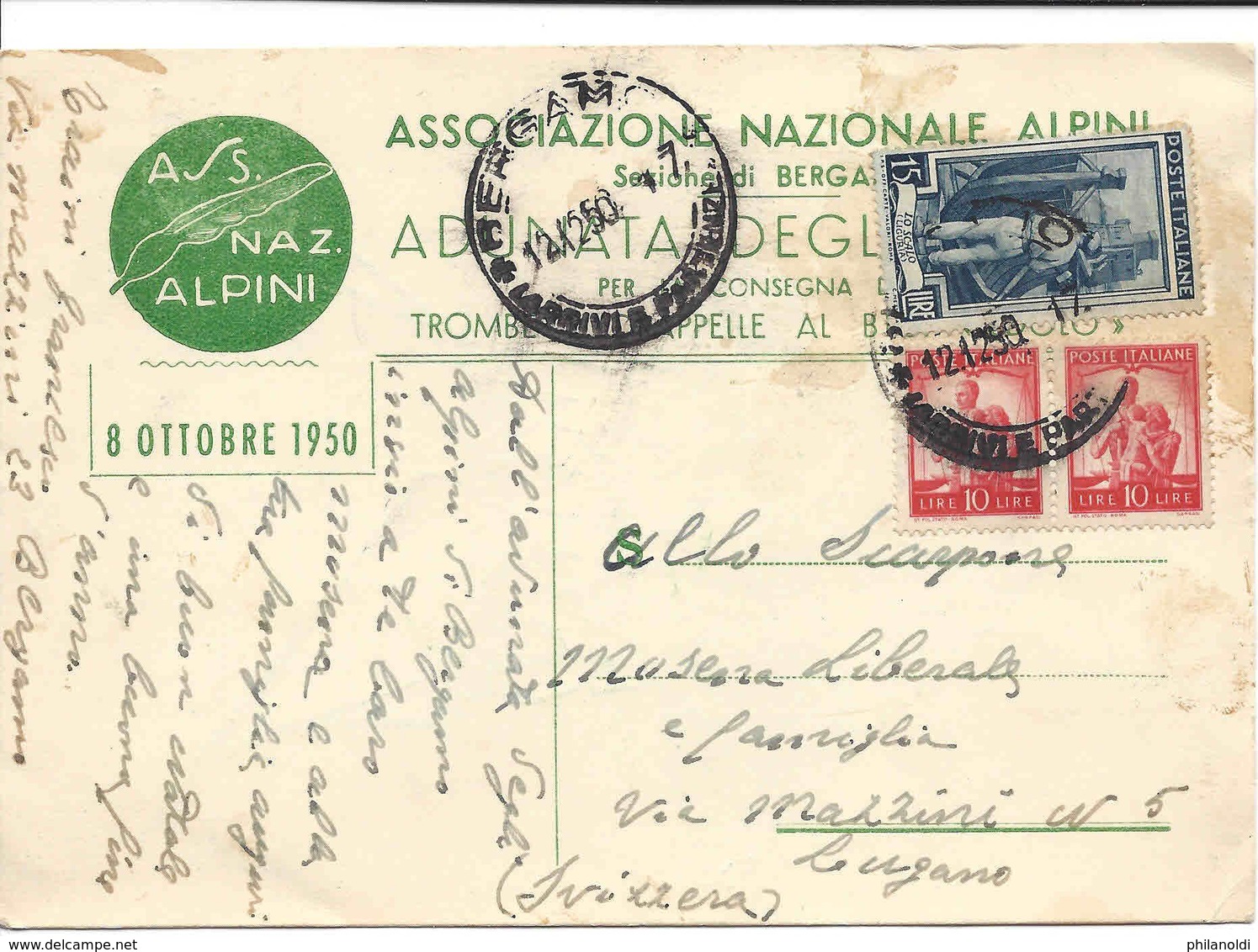 ITALIE, ITALIA ASSOCIAZIONE NAZIONALE ALPINI, SEZIONE BERGAMO, 1950, Cartolina Viaggiata A Svizzera - Regimenten