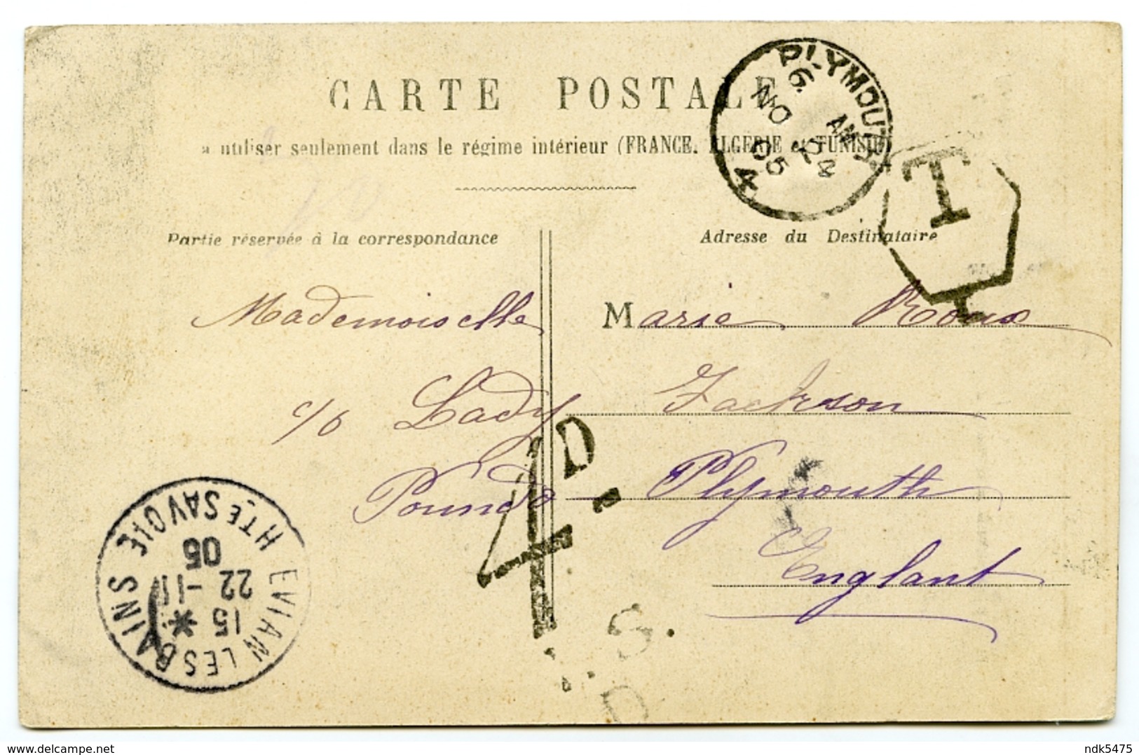 POSTMARK : 4D ISD TO PAY ("T" FRANKING) / PYMOUTH, LADY JACKSON / EVIAN-LES-BAINS/ LUI - AI-JE BESOIN DE VOUS DESIRER - Revenue Stamps