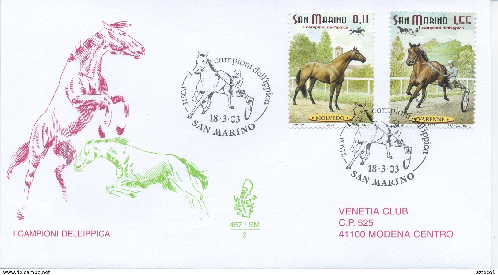 SAN MARINO - FDC VENETIA  2003 - CAMPIONI DELL ' IPPICA  - HORSES - VIAGGIATA - FDC